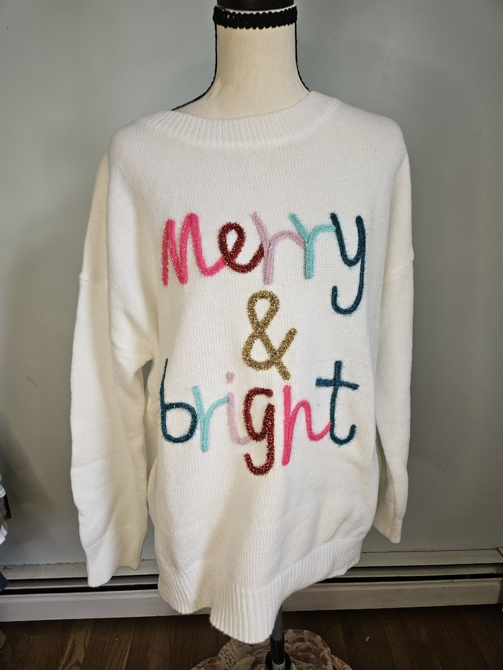 White 'Merry & Bright' Embroidered Crewneck Sweater